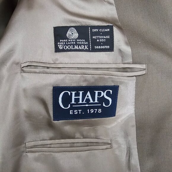 Chaps Men's Pure Wool Taupe Suit Coat Single Breast Lined Blazer Jacket - Picture 6 of 10